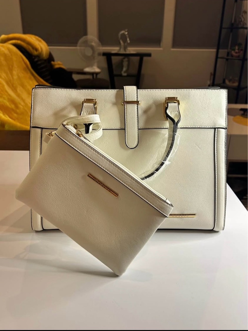 Structured Cream Satchel with Matching Wristlet